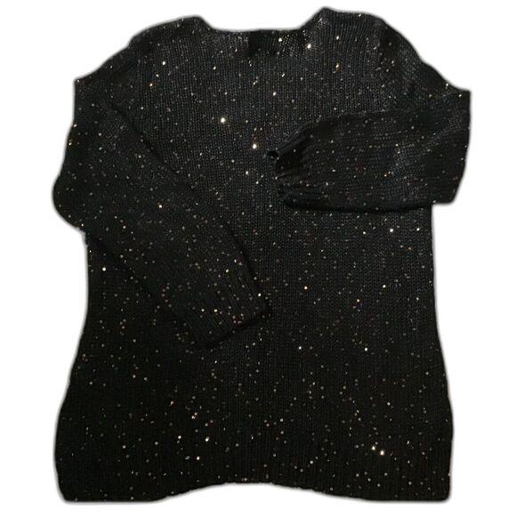 Chaps V Neck Sweater Size M Black 3/4 Sleeve Copper Sequins Cotton Blend NWT - Picture 2 of 7